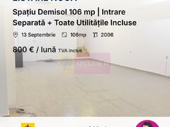 Spatiu Demisol 106 mp | Intrare Separata + Toate Utilitatile Incluse